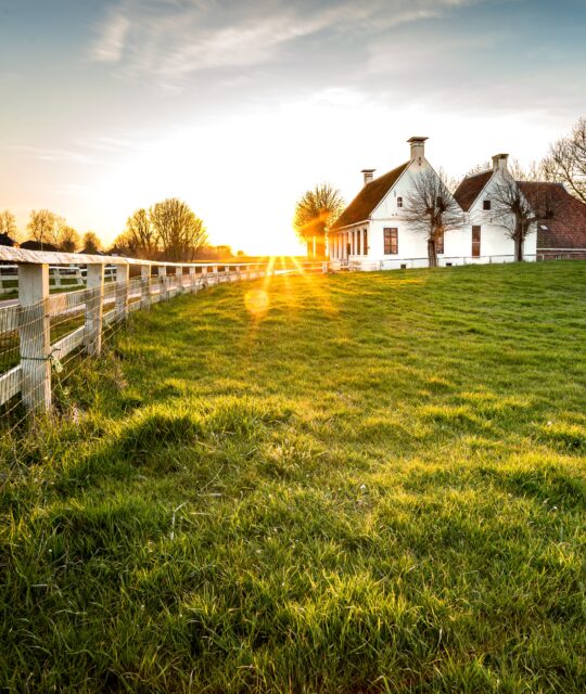 A beautiful shot of a fence leading to a house in a green grass area
